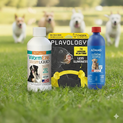 Dog Deworming & Flea Care Bundle WormEze 8oz + Adams Flea & Tick Shampoo 12oz + Chicken Rope Toy