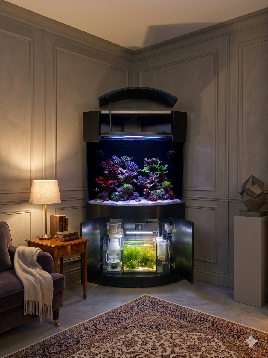 *BLACK* 90g Corner 1/4 Cylinder Glass Aquarium Set in Flush Wood Furniture