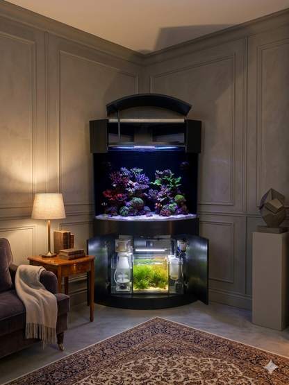 *BLACK* 90g Corner 1/4 Cylinder Glass Aquarium Set in Flush Wood Furniture