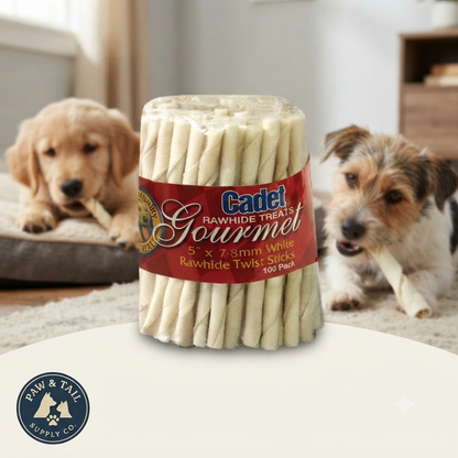 Cadet Beef Hide Rawhide Twists 5-Inch Dog Chews 100 Count Long Lasting