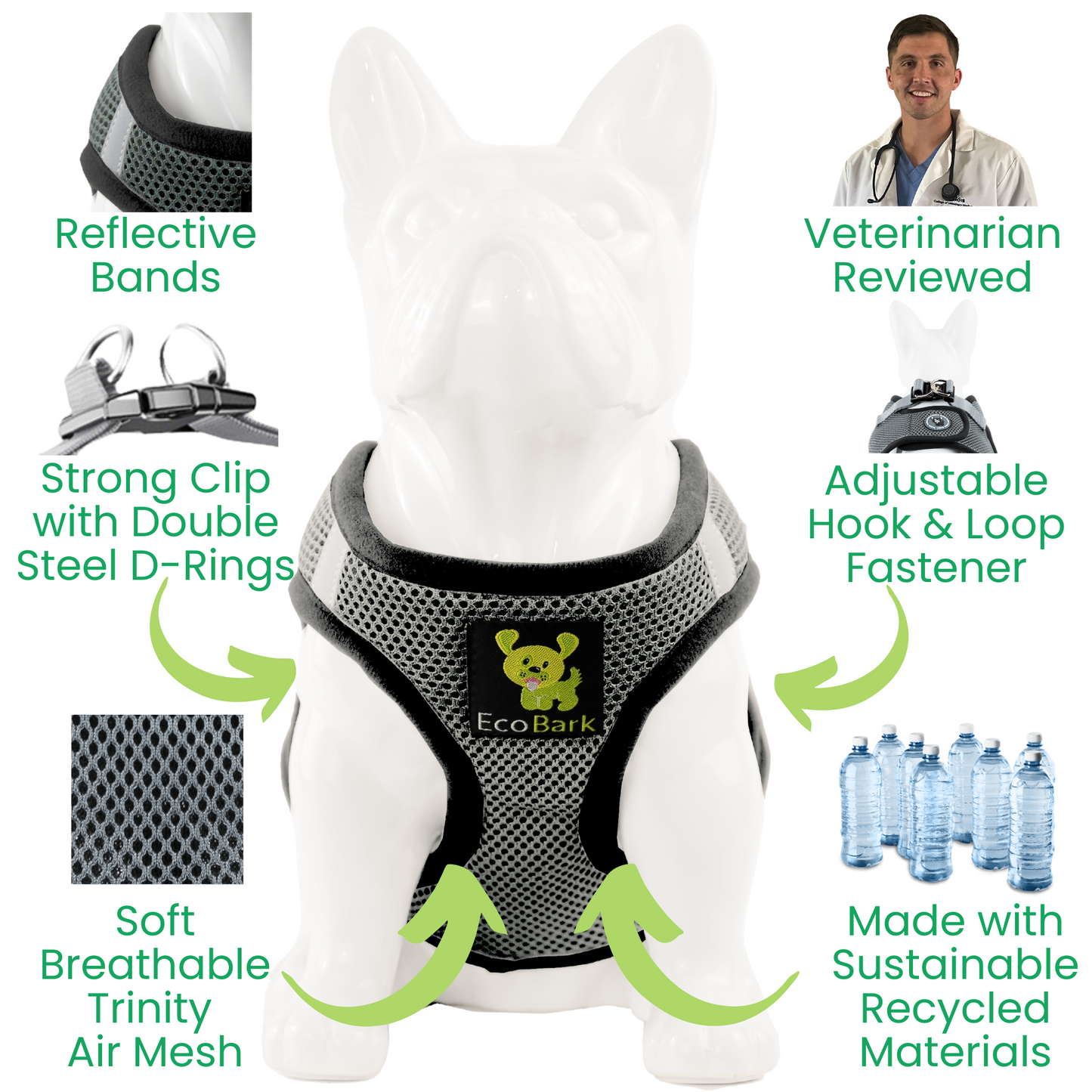 EcoBark Step In Dog Harness - XXXS to Medium Breeds- Reflective Soft Mesh Harness for Teacup, Small Dogs and Puppies / Gray