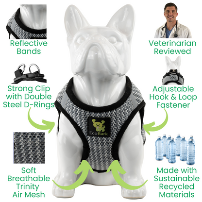 EcoBark Step In Dog Harness - XXXS to Medium Breeds- Reflective Soft Mesh Harness for Teacup, Small Dogs and Puppies / Steel Gray