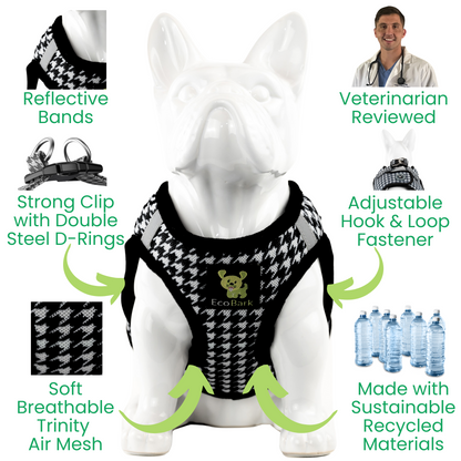 EcoBark Step In Dog Harness - XXXS to Medium Breeds- Reflective Soft Mesh Harness for Teacup, Small Dogs and Puppies / Houndstooth