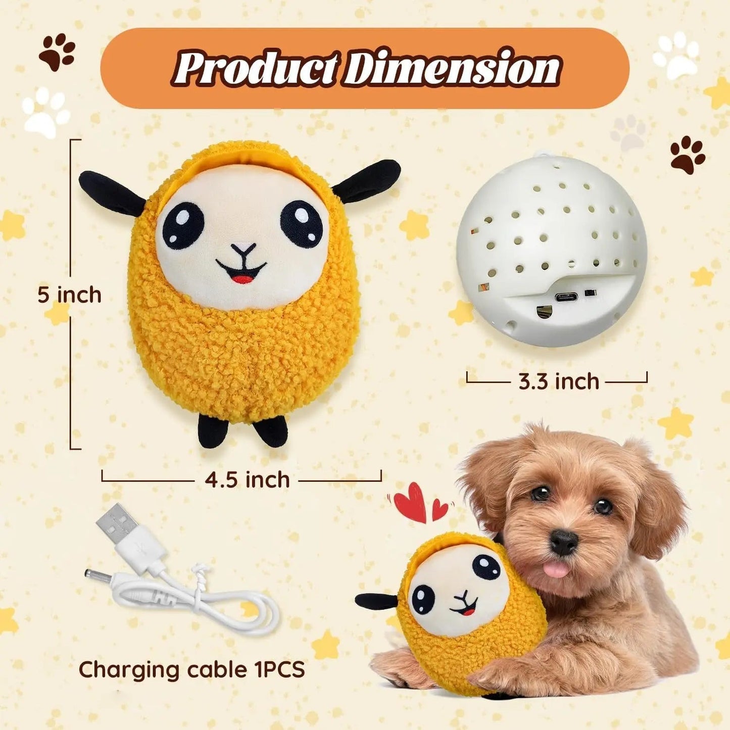 Interactive Moving Ball Rechargeable Plush Squeak Toy for Small/ Med/Large Dogs