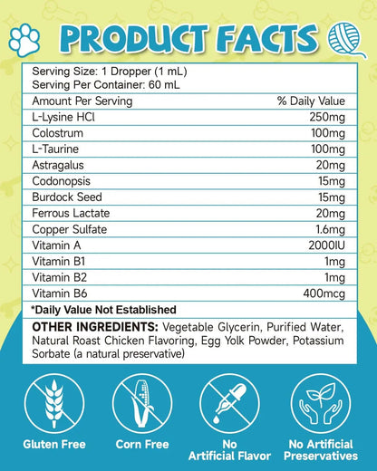 L-Lysine Liquid Drops for Cats Immune & Respiratory Support 2oz Chicken