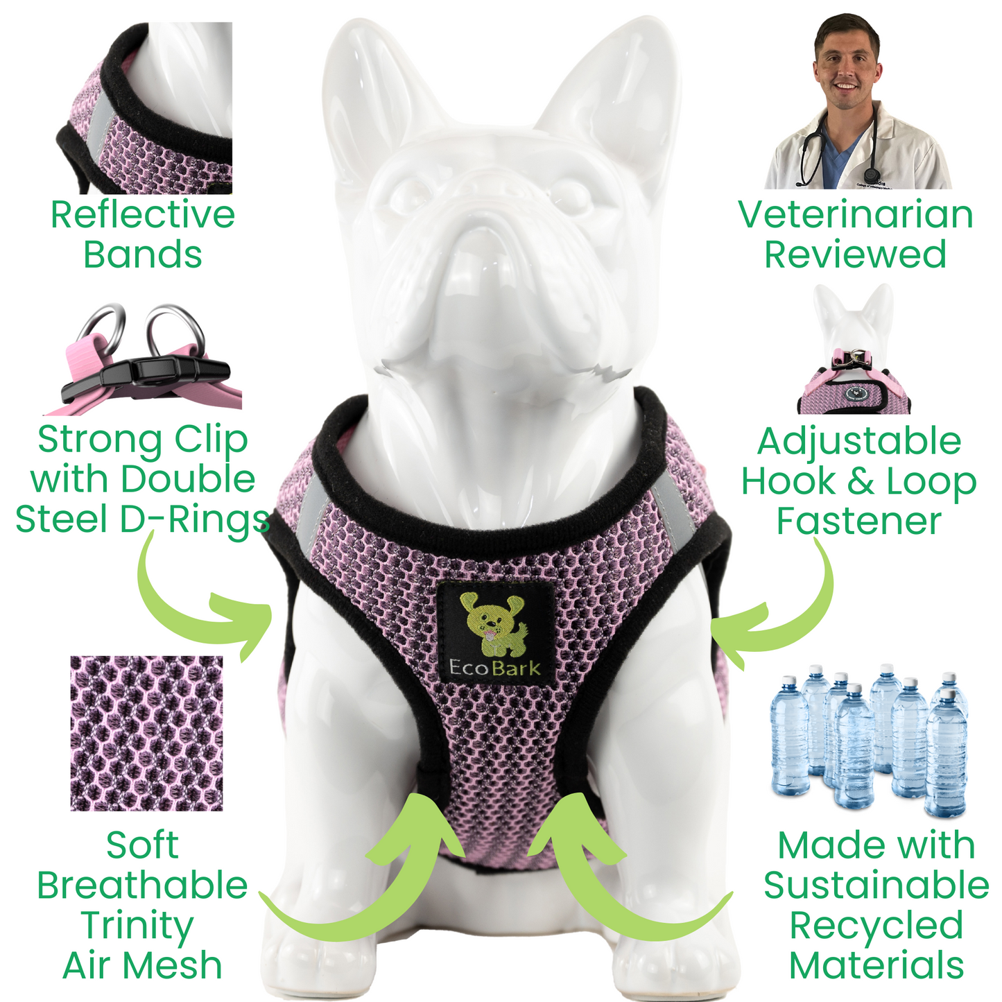 EcoBark Step In Dog Harness - XXXS to Medium Breeds- Reflective Soft Mesh Harness for Teacup, Small Dogs and Puppies / Lilac Pink