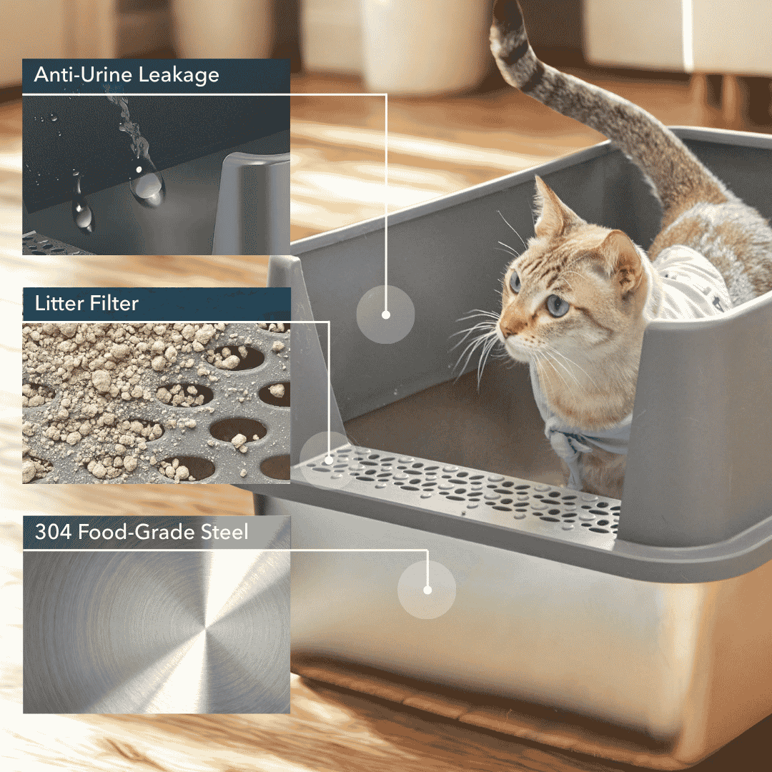XXL Stainless Steel Cat Litter Box with Lid – High Sides, Low Entry, Easy to Clean, Odor-Free, Anti-Leak | Buy 2 & Save $10