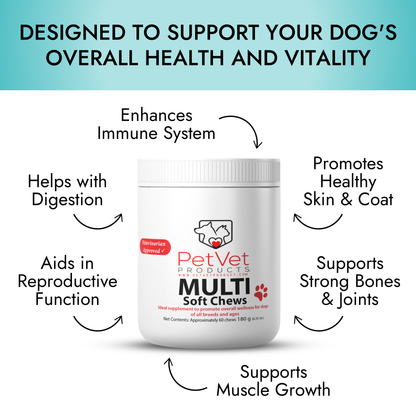 Pet Vet Products® Multi-Function Soft Chews for Dogs – Beef Liver Flavor, 60 Count with Probiotics, Glucosamine, Skin, Digestive & Immune Support