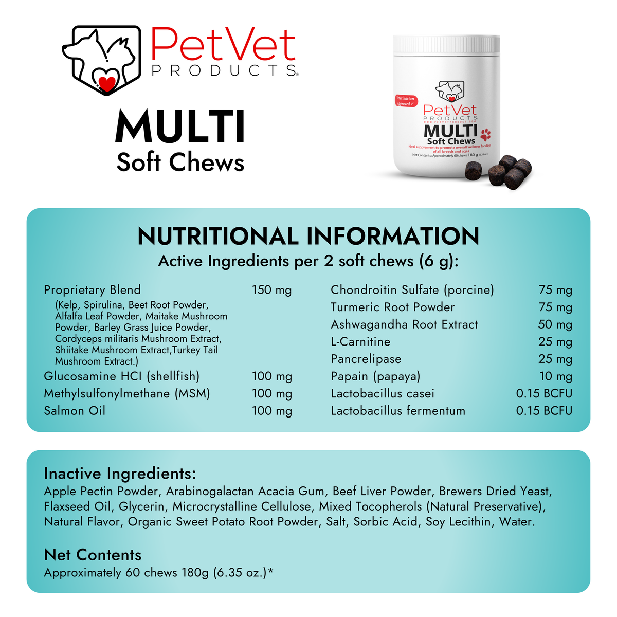 Pet Vet Products® Multi-Function Soft Chews for Dogs – Beef Liver Flavor, 60 Count with Probiotics, Glucosamine, Skin, Digestive & Immune Support