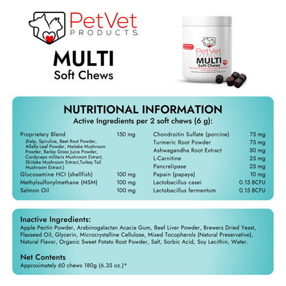 Pet Vet Products® Multi-Function Soft Chews for Dogs – Beef Liver Flavor, 60 Count with Probiotics, Glucosamine, Skin, Digestive & Immune Support
