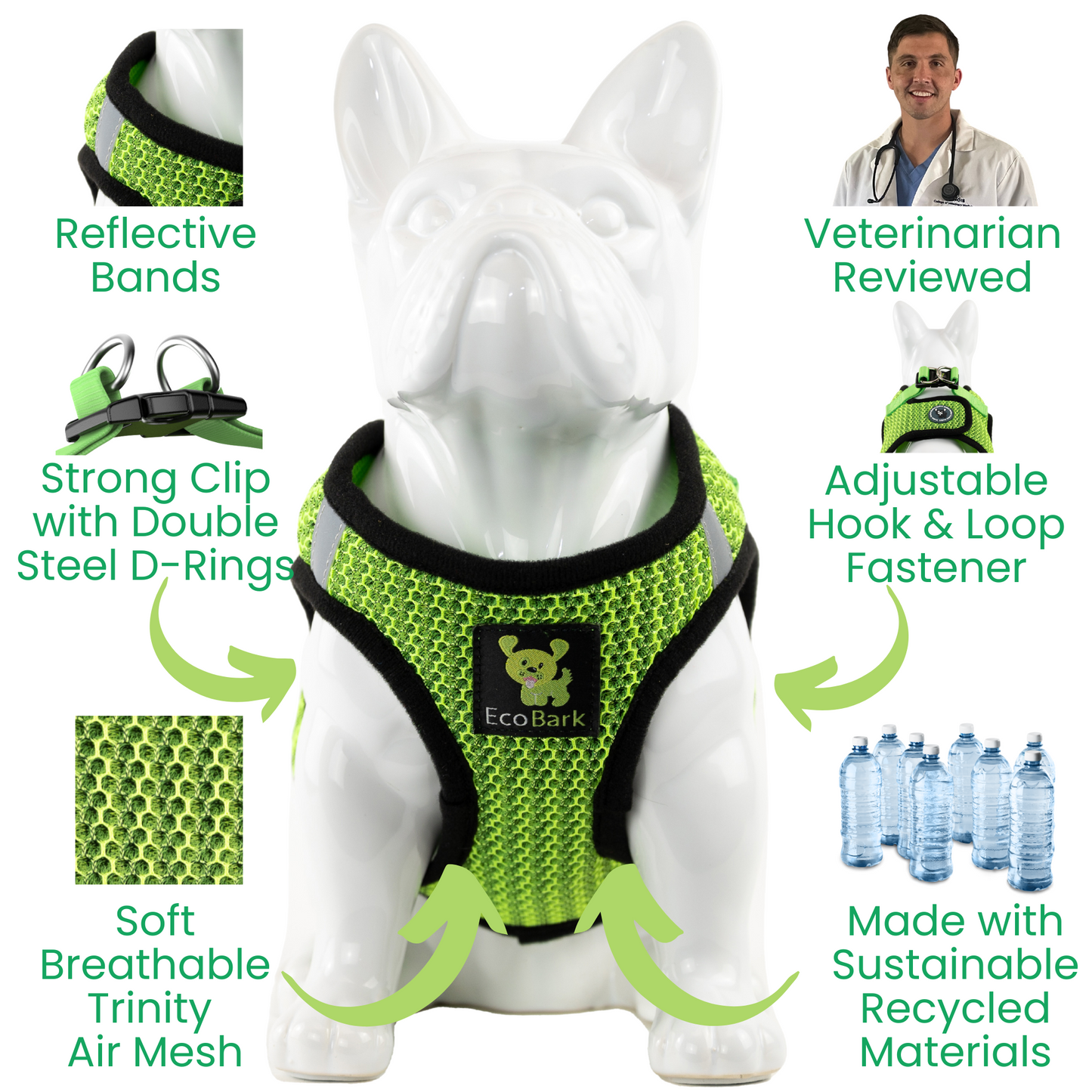 EcoBark Step In Dog Harness - XXXS to Medium Breeds- Reflective Soft Mesh Harness for Teacup, Small Dogs and Puppies / Neon Green Sport