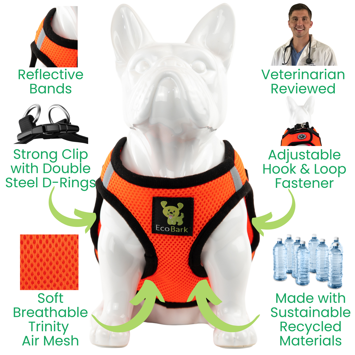 EcoBark Step In Dog Harness - XXXS to Medium Breeds- Reflective Soft Mesh Harness for Teacup, Small Dogs and Puppies / Orange