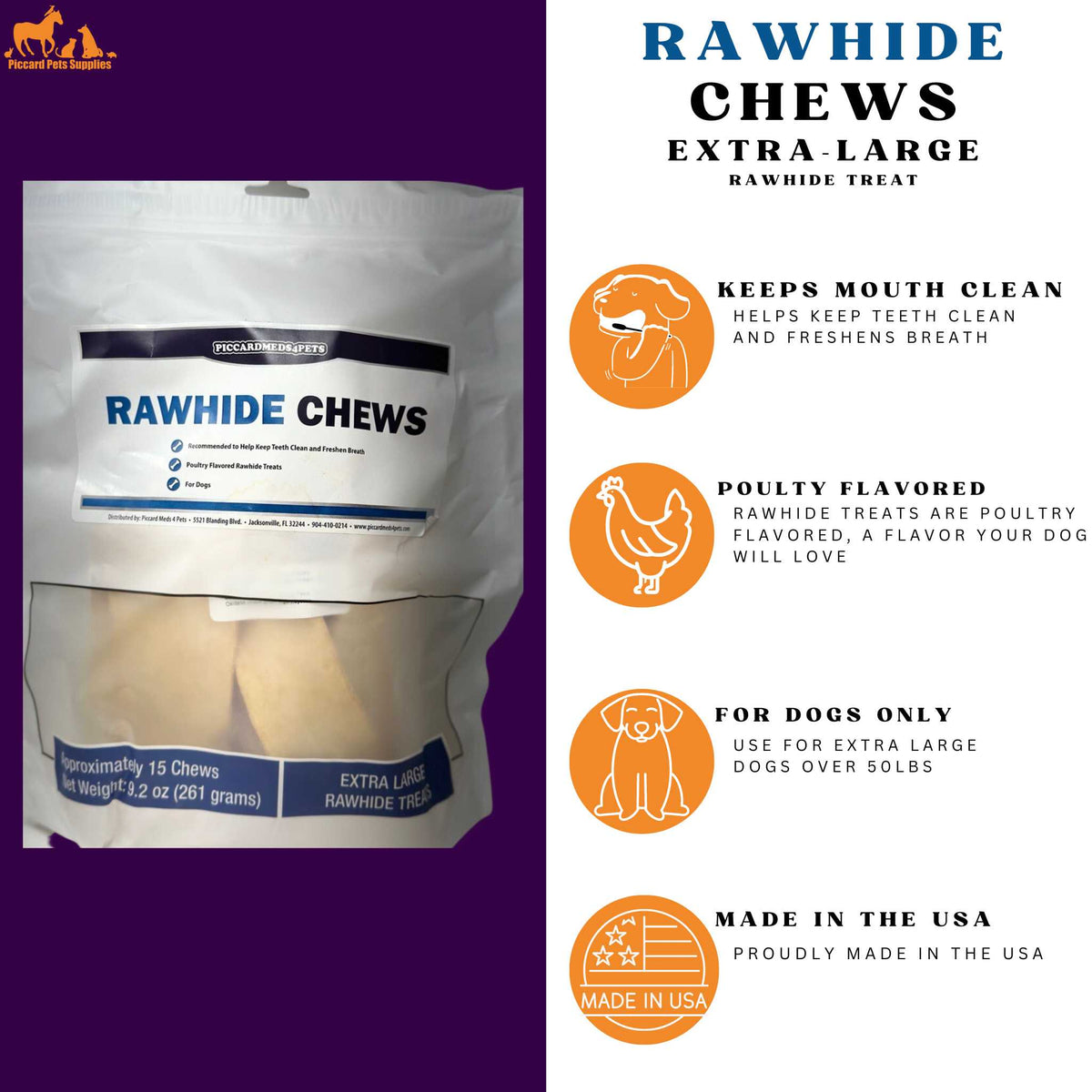 Piccardmeds4pets Rawhide Dental Chews for XL Dogs Over 50lbs.