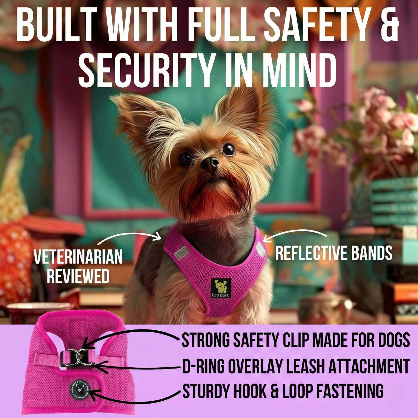 EcoBark Step In Dog Harness - XXXS to Medium Breeds- Reflective Soft Mesh Harness for Teacup, Small Dogs and Puppies / Hot Pink