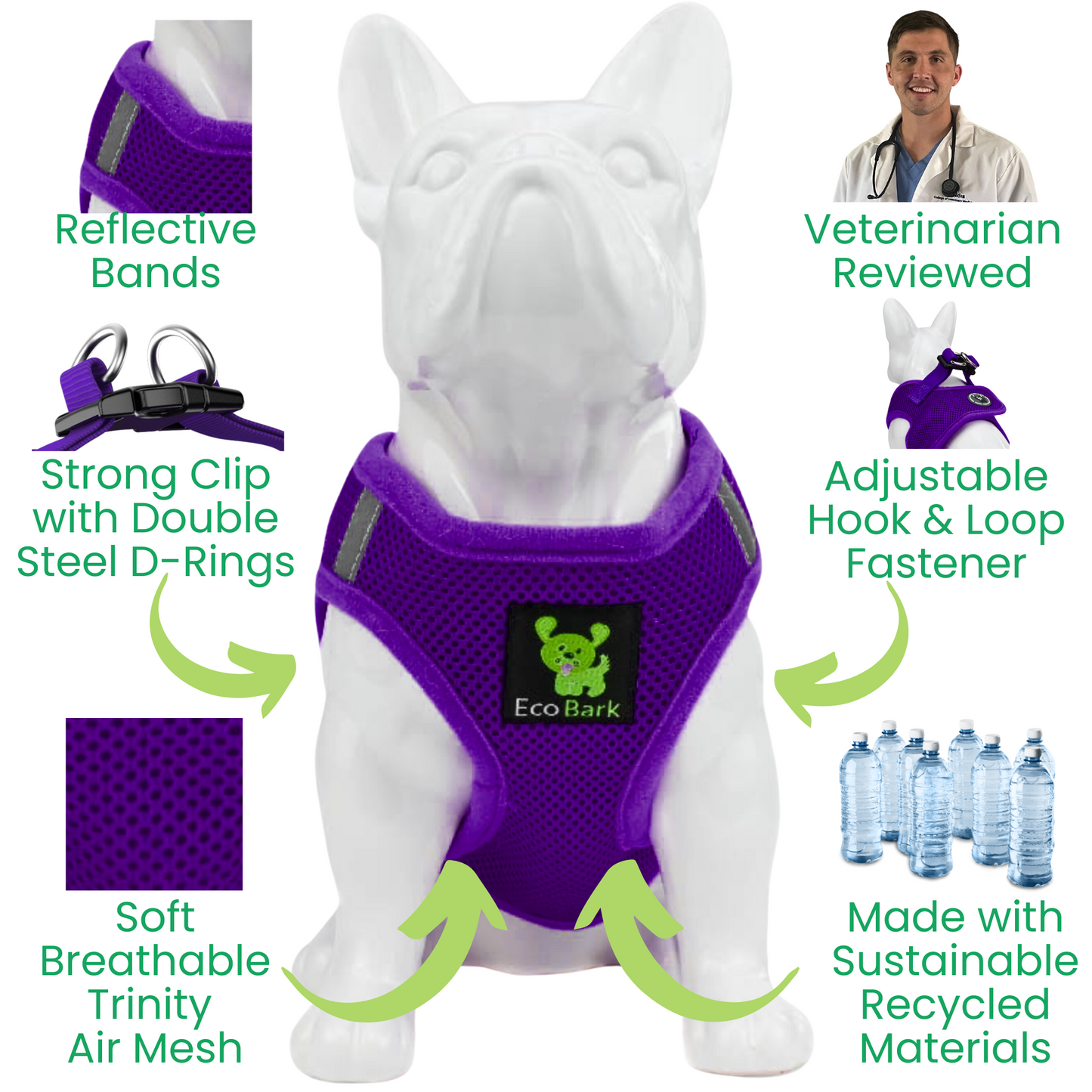EcoBark Step In Dog Harness - XXXS to Medium Breeds- Reflective Soft Mesh Harness for Teacup, Small Dogs and Puppies / Purple