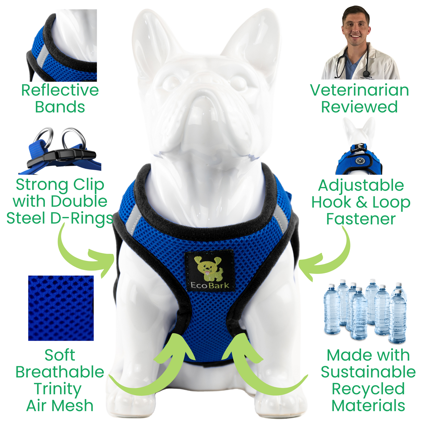 EcoBark Step In Dog Harness - XXXS to Medium Breeds- Reflective Soft Mesh Harness for Teacup, Small Dogs and Puppies / Royal Blue
