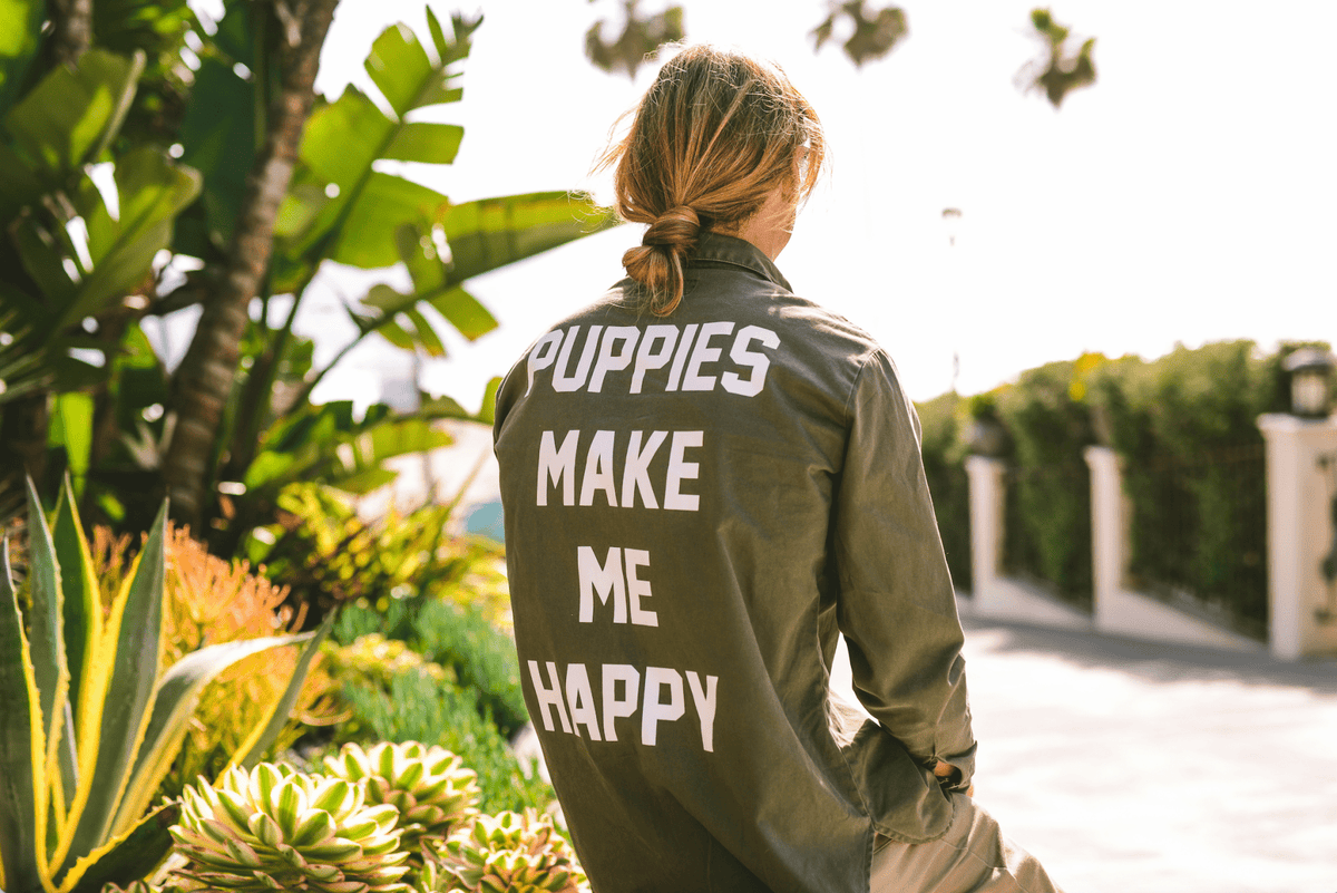 Puppies Make Me Happy Military Button-Up Shirt | Handmade in Los Angeles USA | Dog Lover Gift