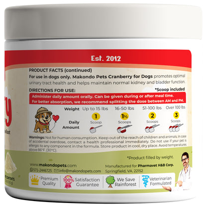 Cranberry for Dogs. Urinary Tract Support. 100 Scoops
