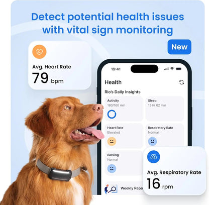 Smart Dog GPS Tracker with Virtual Fence, Vital Signs & Bark Monitoring, Waterproof Collar Attachment