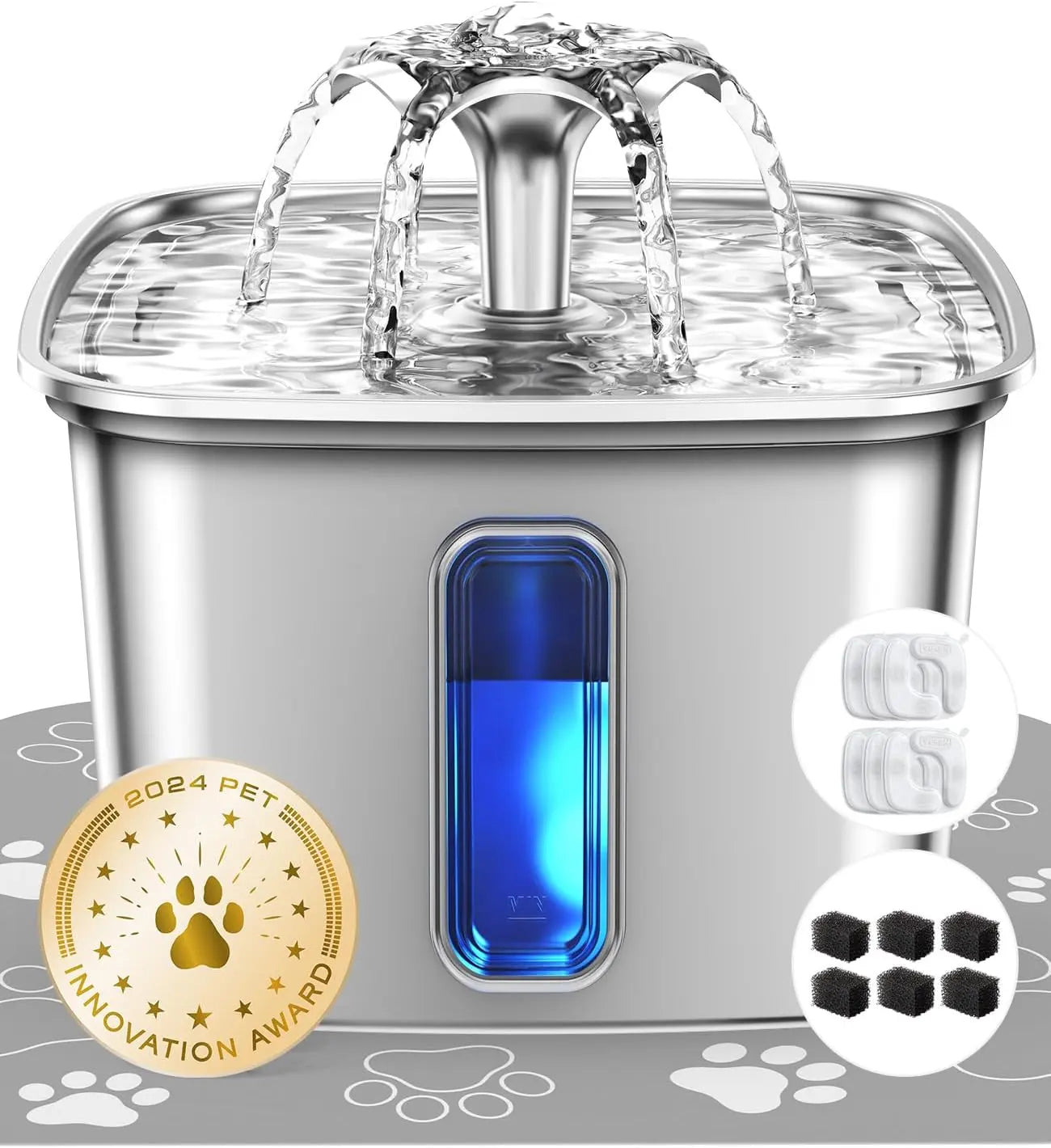 Stainless Steel Pet Water Fountain 95oz Quiet Automatic with Filters & Mat