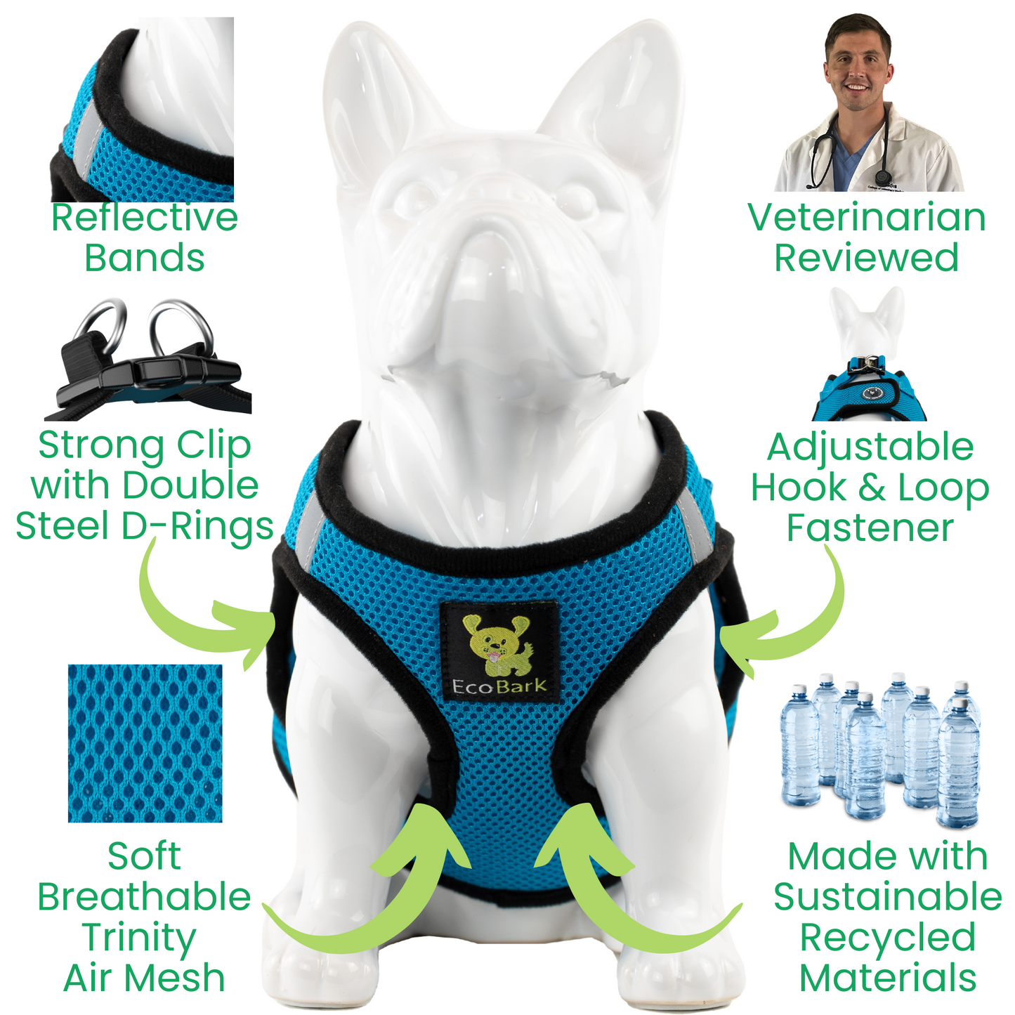 EcoBark Step In Dog Harness - XXXS to Medium Breeds- Reflective Soft Mesh Harness for Teacup, Small Dogs and Puppies / Teal