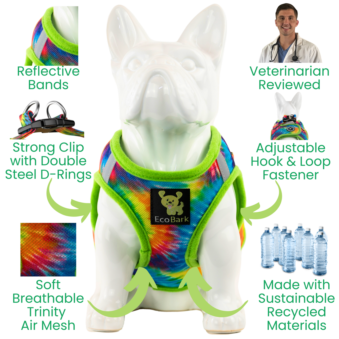 EcoBark Step In Dog Harness - XXXS to Medium Breeds- Reflective Soft Mesh Harness for Teacup, Small Dogs and Puppies / Tie-dye