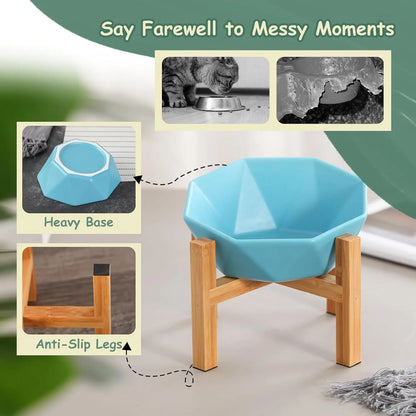 Tilted Elevated Ceramic Pet Bowl with Bamboo Stand | Modern Feeding Dish