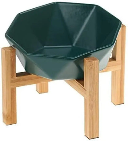 Tilted Elevated Ceramic Pet Bowl with Bamboo Stand | Modern Feeding Dish