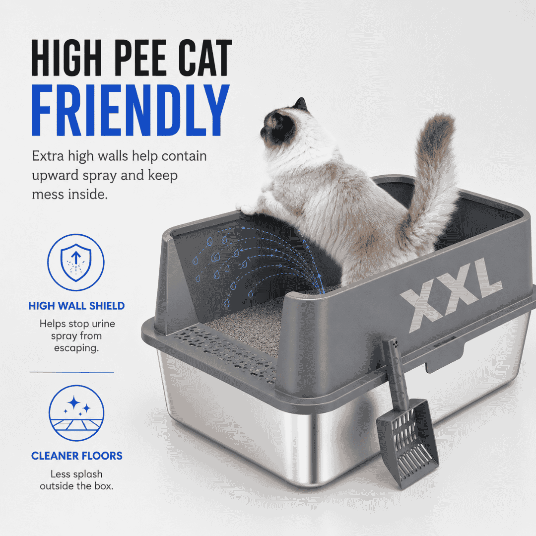 XXL Stainless Steel Cat Litter Box with Lid – High Sides, Low Entry, Easy to Clean, Odor-Free, Anti-Leak | Buy 2 & Save $10
