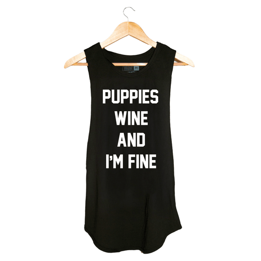 Puppies Wine & I'm Fine Women's Sleeveless Tank | Gift for Dog Moms | Handmade in USA