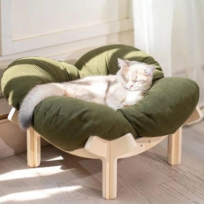 Wooden Cat & Puppies Elevated Pet Bed with Cushion – Modern Raised Pet Sofa