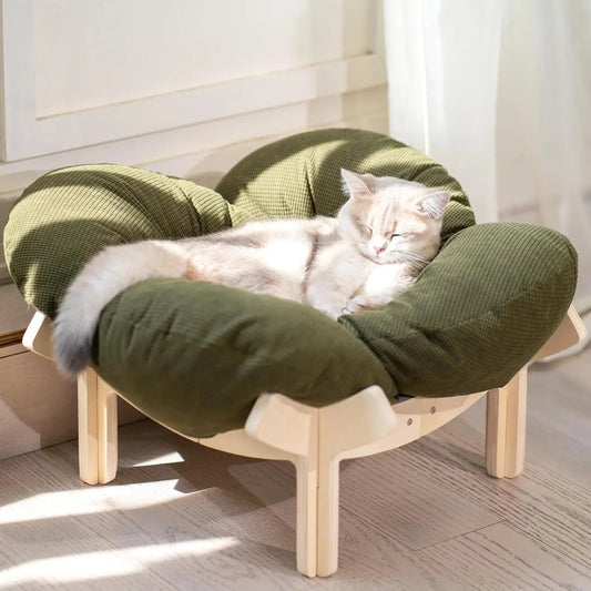 Wooden Cat & Puppies Elevated Pet Bed with Cushion – Modern Raised Pet Sofa