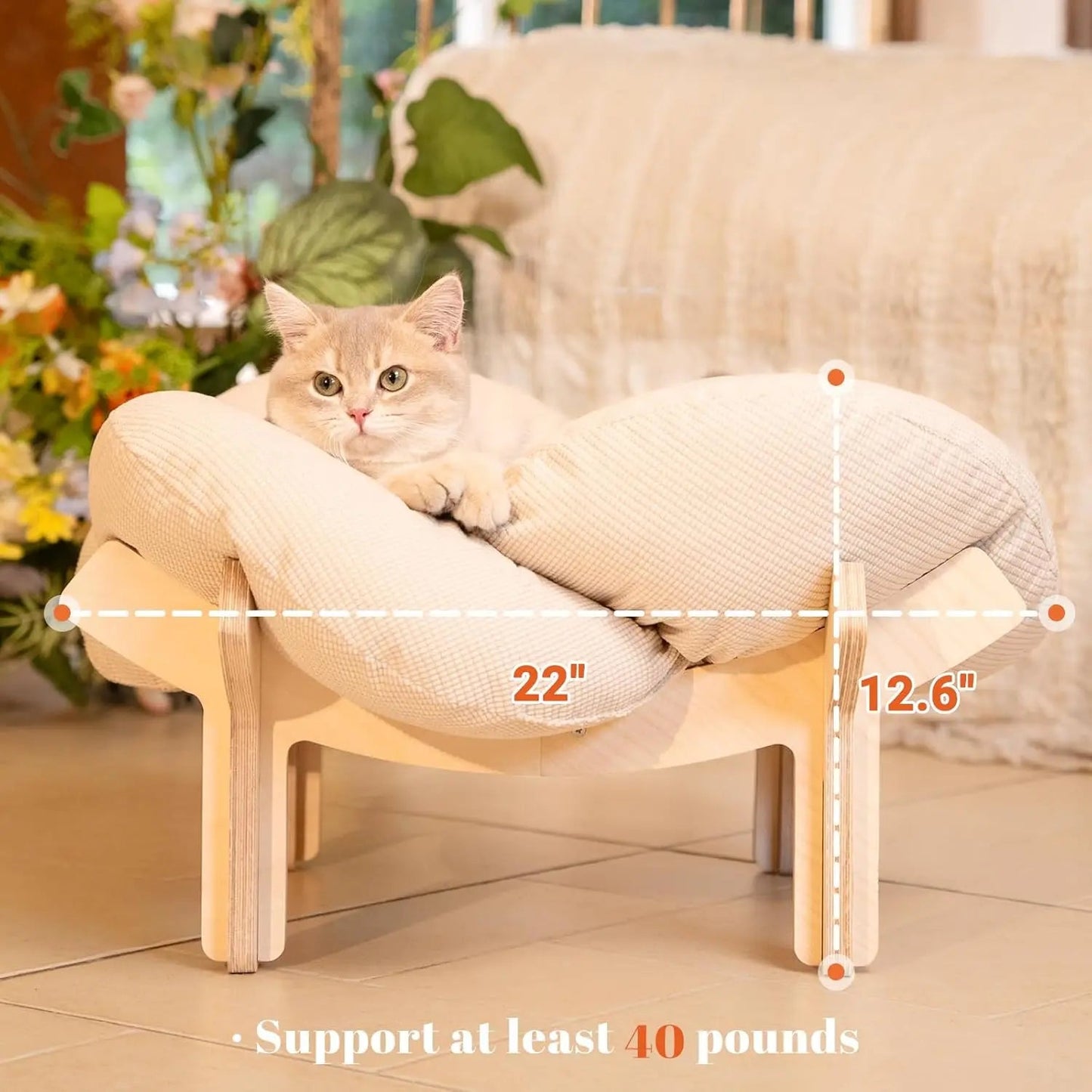 Wooden Cat & Puppies Elevated Pet Bed with Cushion – Modern Raised Pet Sofa