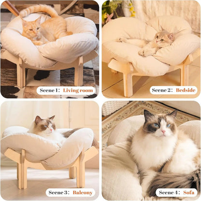 Wooden Cat & Puppies Elevated Pet Bed with Cushion – Modern Raised Pet Sofa