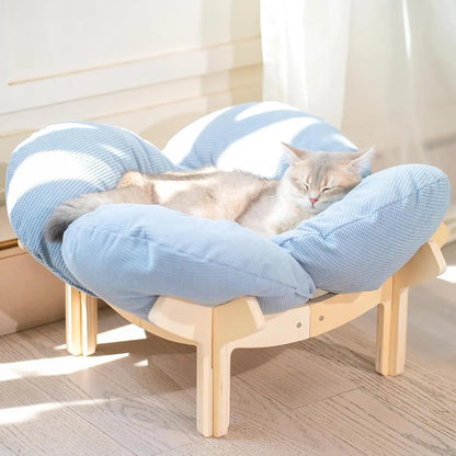 Wooden Cat & Puppies Elevated Pet Bed with Cushion – Modern Raised Pet Sofa
