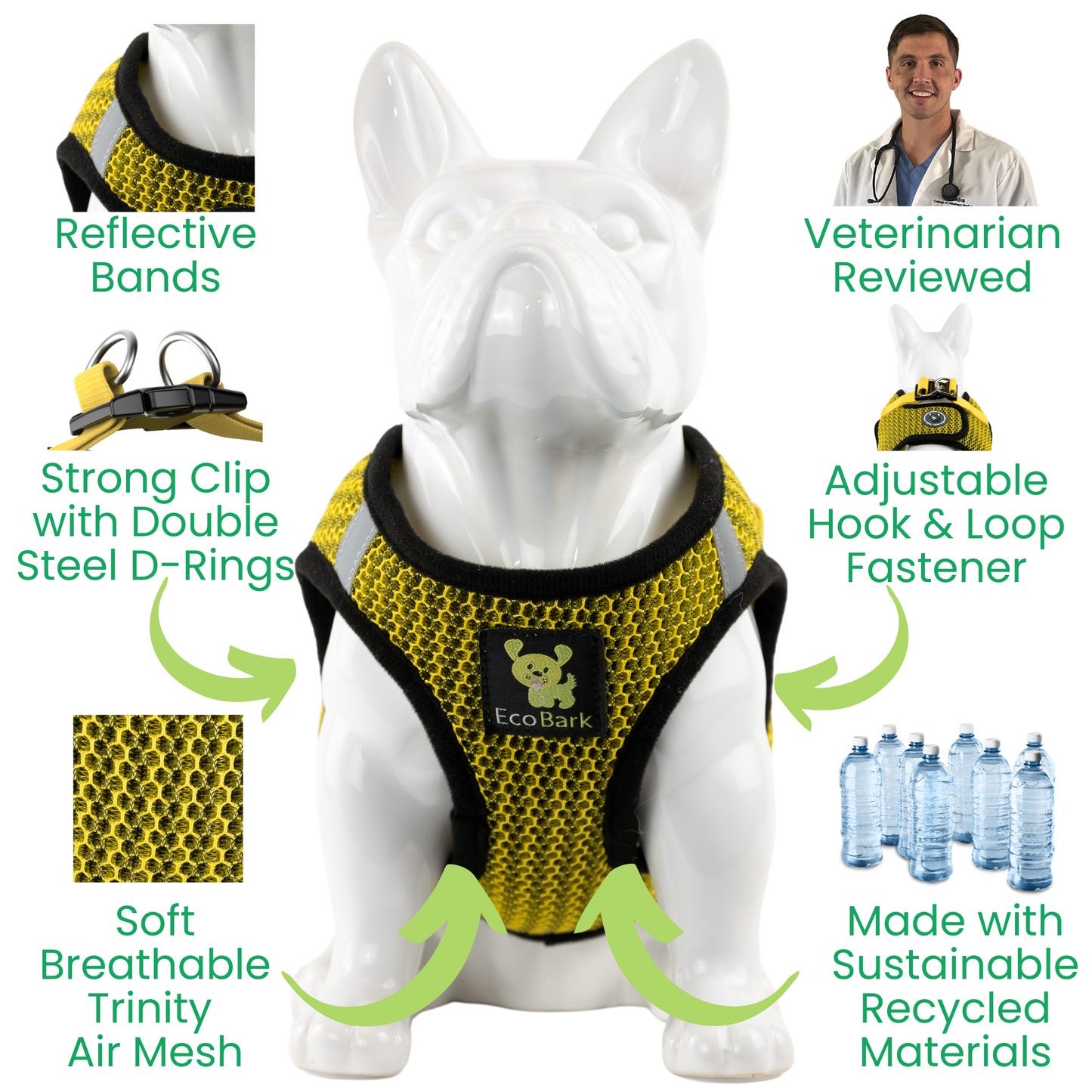 EcoBark Step In Dog Harness - XXXS to Medium Breeds- Reflective Soft Mesh Harness for Teacup, Small Dogs and Puppies / Yellow Sport