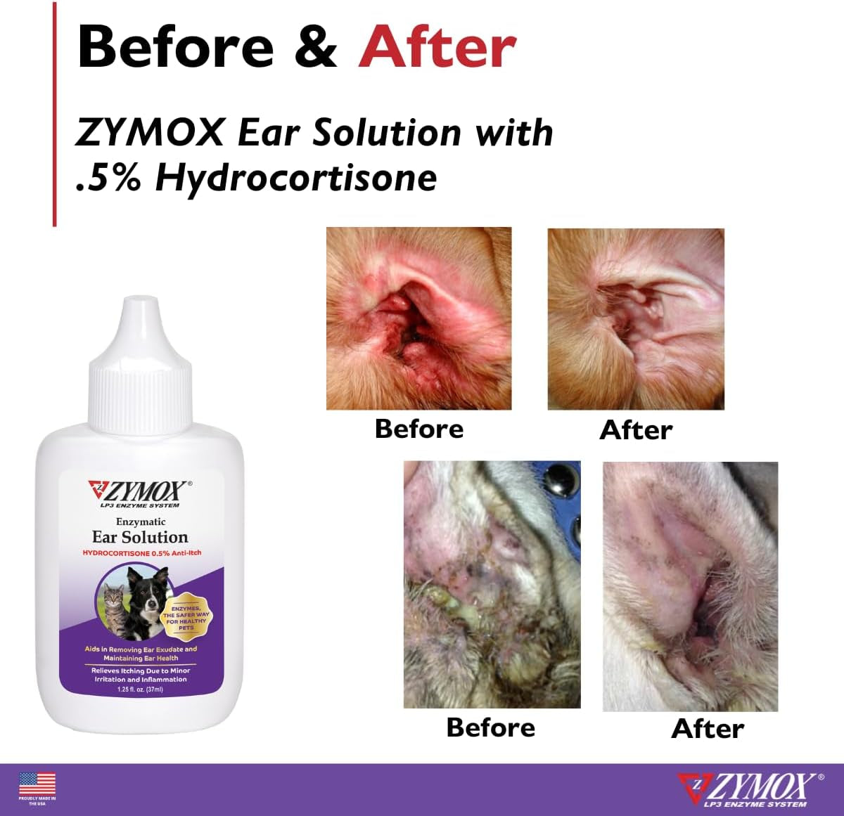 ZYMOX Dog & Cat Ear Solution 0.5% Hydrocortisone Enzymatic Relief 1.25oz