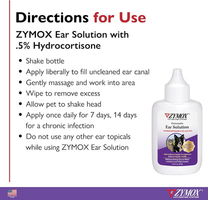 ZYMOX Dog & Cat Ear Solution 0.5% Hydrocortisone Enzymatic Relief 1.25oz