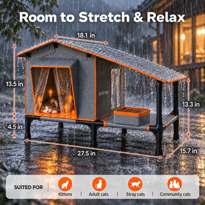 Heated Outdoor Cat House with Covered Terrace & Dual Exits