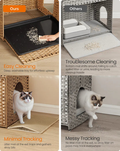Boho Handwoven Rattan Hidden Litter Box Furniture | Washable Tray & Litter Mat Included