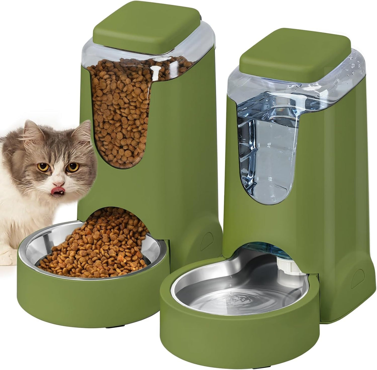 Automatic Cat Feeder & Water Dispenser Set, Steel Bowls, 1 Gallon