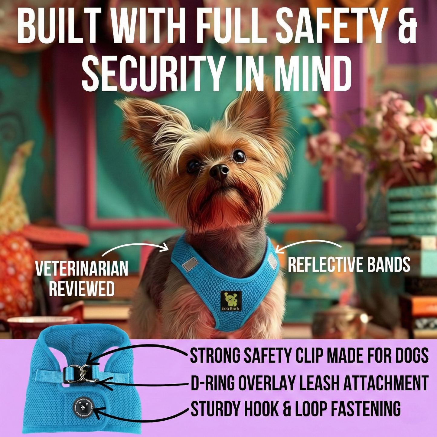 EcoBark Step In Dog Harness - XXXS to Medium Breeds- Reflective Soft Mesh Harness for Teacup, Small Dogs and Puppies / Sky Blue