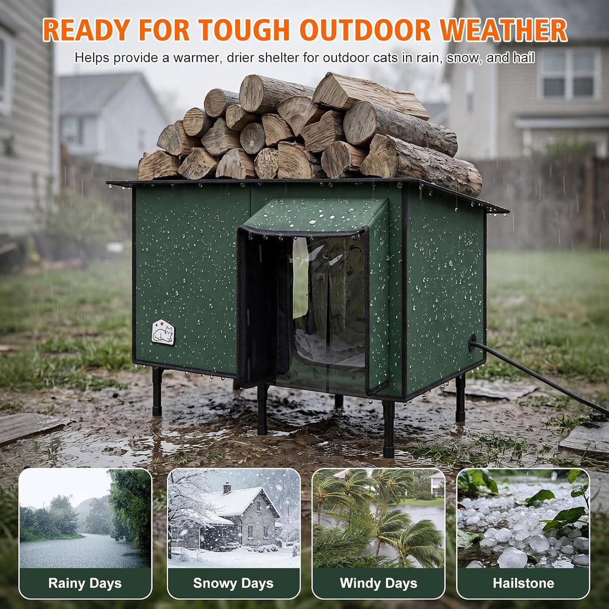 Heated Outdoor Cat House with Waterproof Roof & Dual Doors