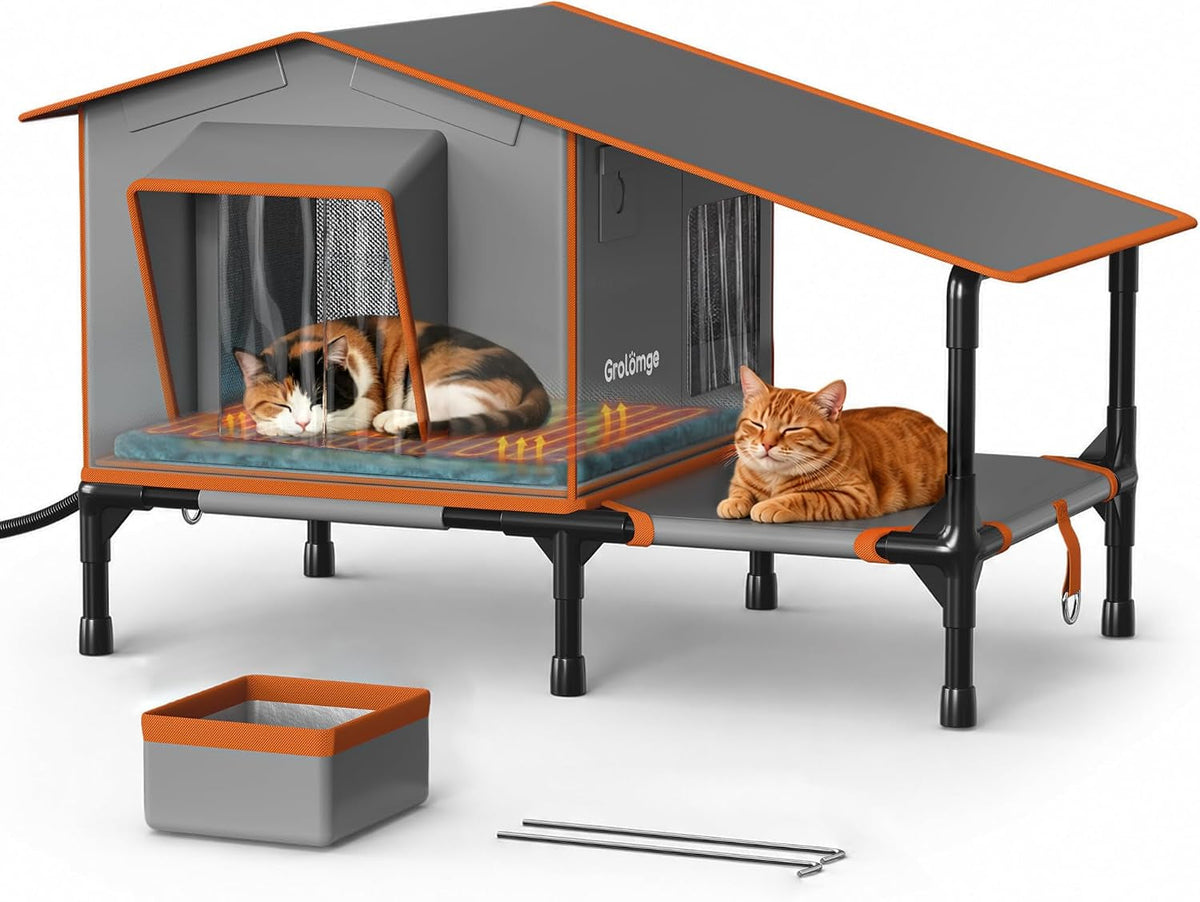 Heated Outdoor Cat House with Covered Terrace & Dual Exits
