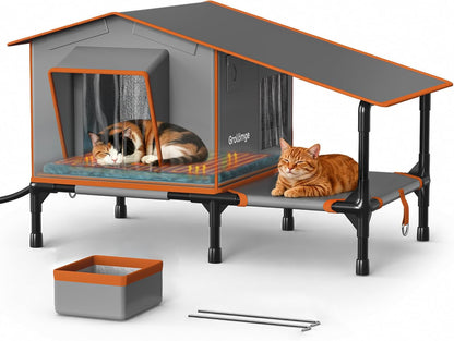 Heated Outdoor Cat House with Covered Terrace & Dual Exits
