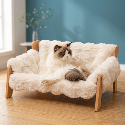Elevated Wooden Cat Couch Bed with Washable Fluffy Cushion – 3 Colors