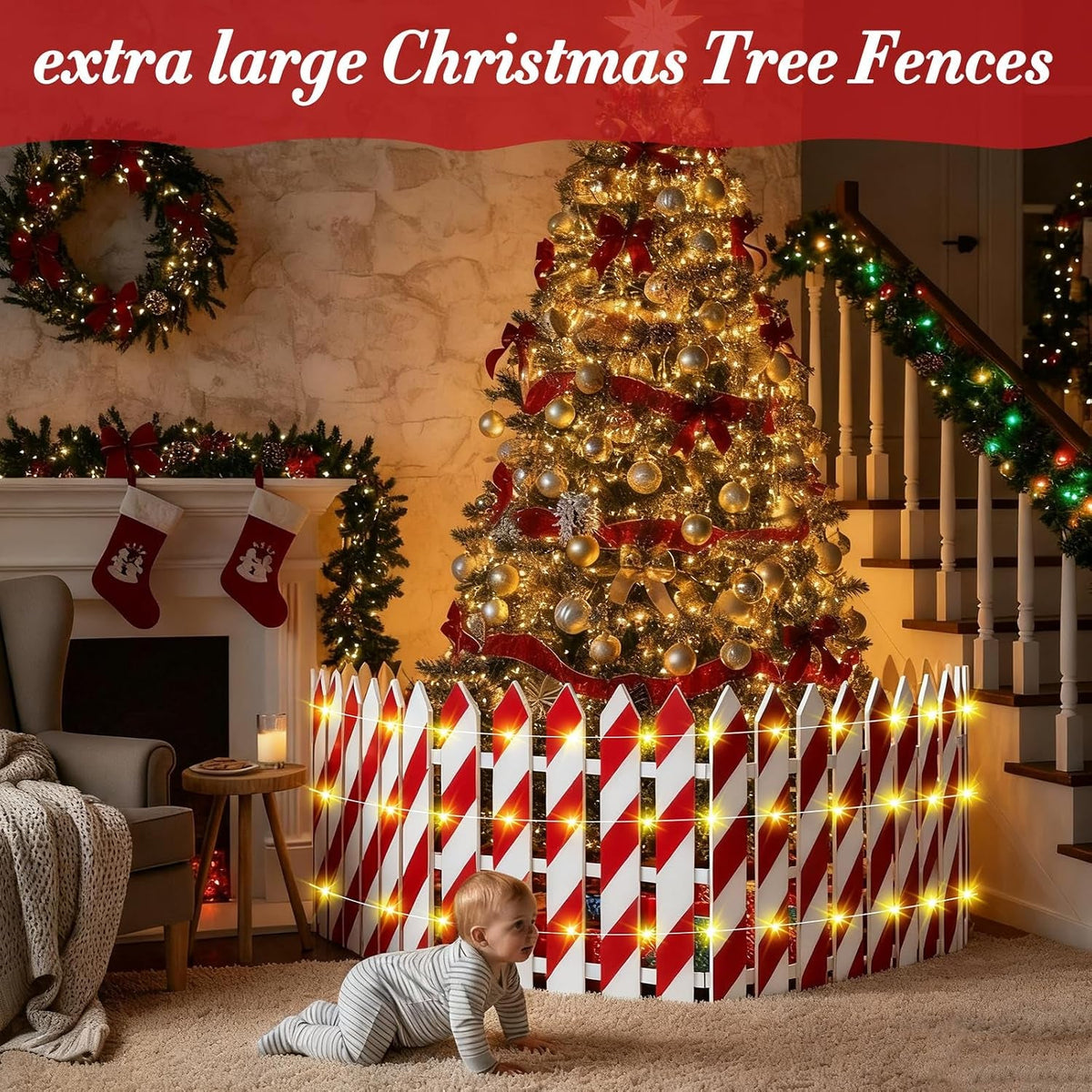 Lighted Wooden Christmas Tree Fence – 24 x 142 Inch, Candy Cane