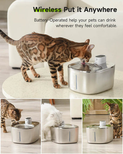 4L Wireless Cat Water Fountain - Auto Sensor Pet Drinking Fountain with Battery | Stainless Steel Cordless Water Dispenser for Dogs & Cats