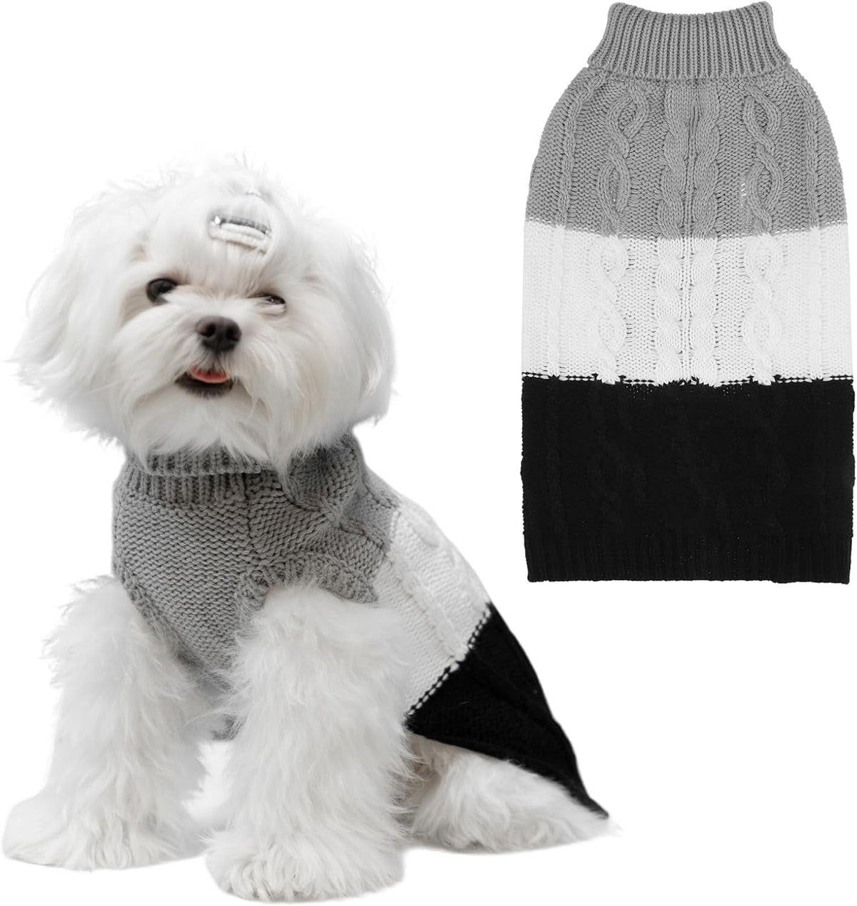 Color Block Cable Knit Dog Sweater – Turtleneck Pullover XS–XL