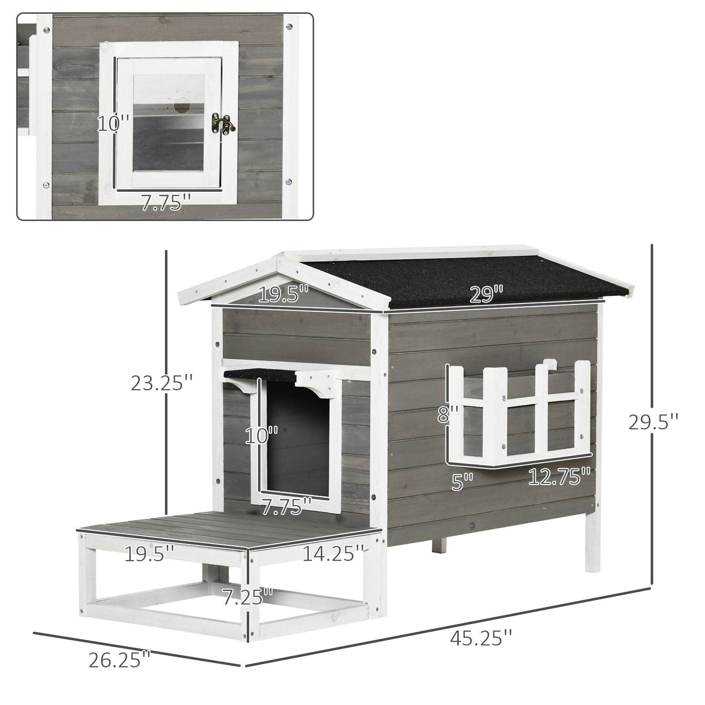 Weatherproof Outdoor Cat House with Porch & Escape Door - Feral Cat Shelter with Plant Stand | Dark Grey/White Wood Construction